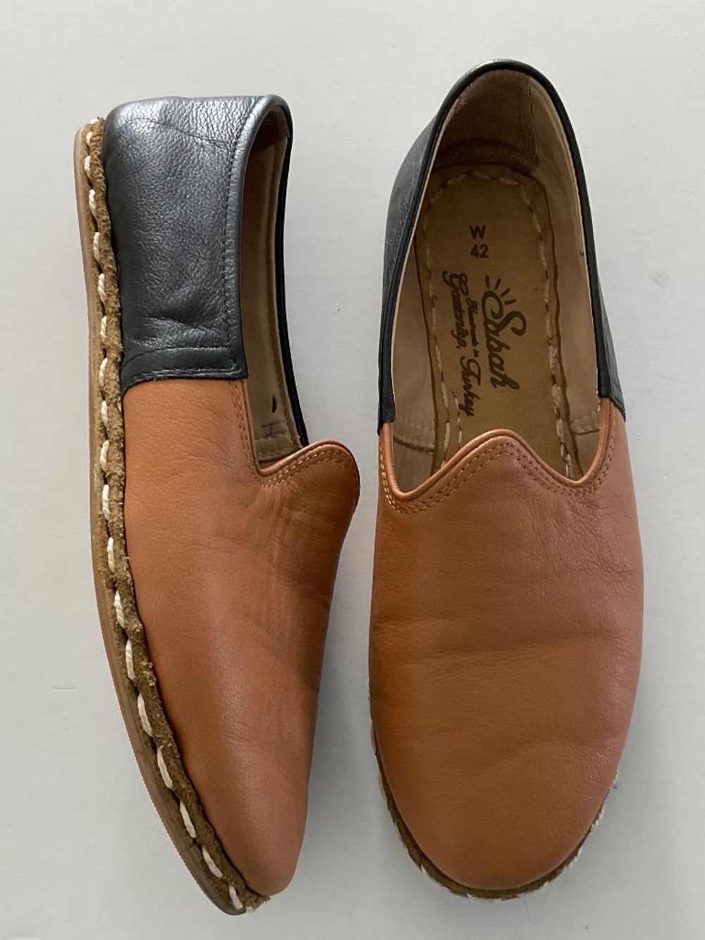 SABAH Flats Handmade in Turkey Leather Camel/Black Size EU 42 US 10/10.5
